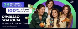 Promoção do casino Solverde.pt com 25 free spins no registo, bônus de 100€ e quatro mulheres felizes a jogar pelo telemóvel